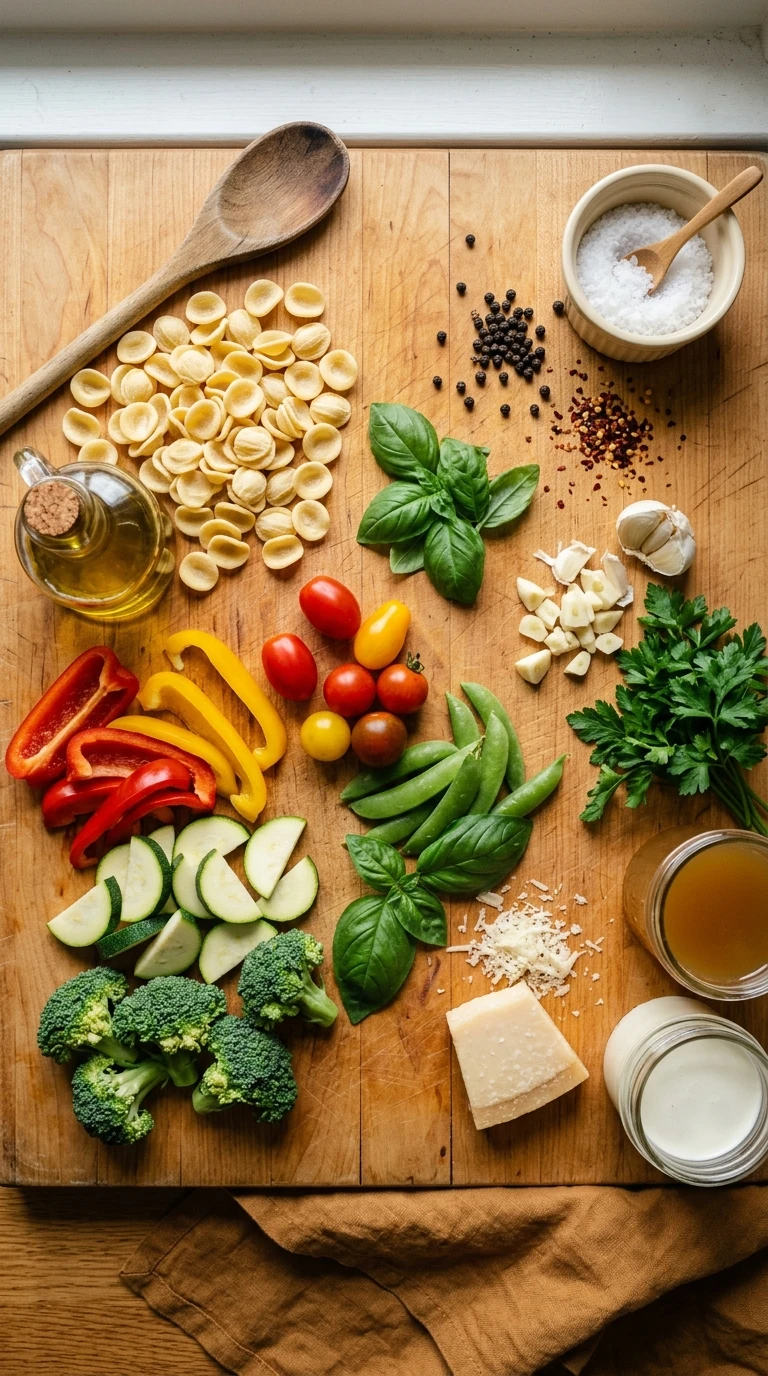Ingredients for cozy summer pasta primavera