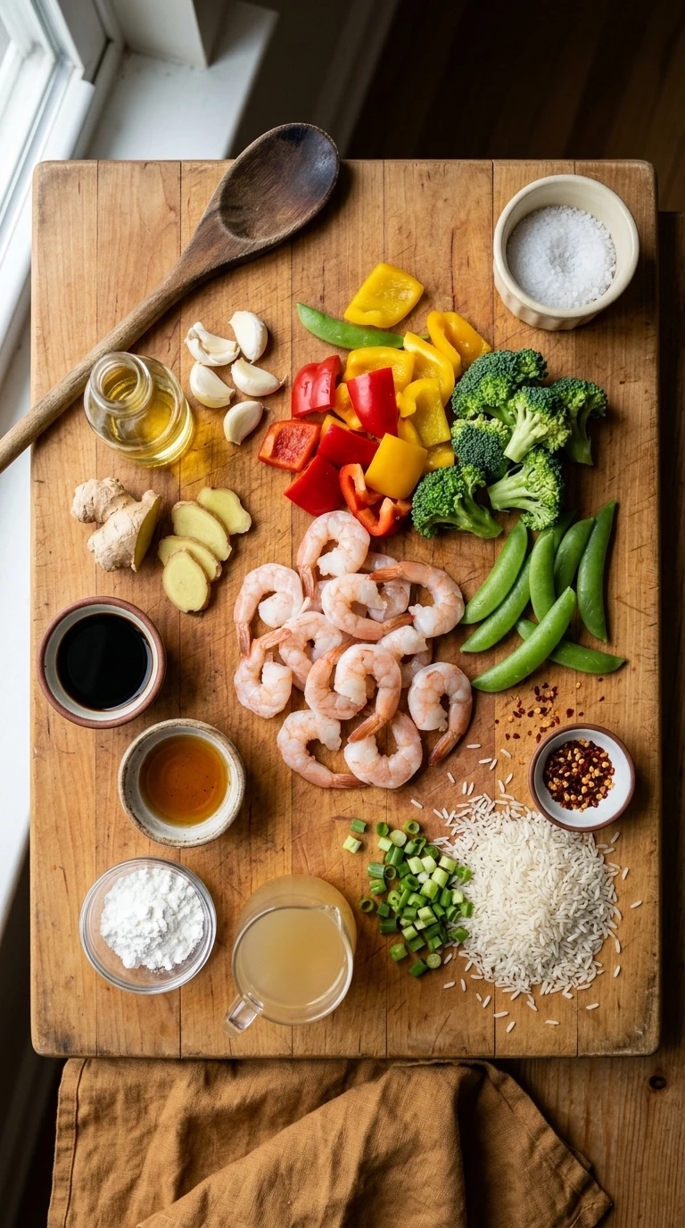 Ingredients for cozy 30 minute shrimp stir fry summer