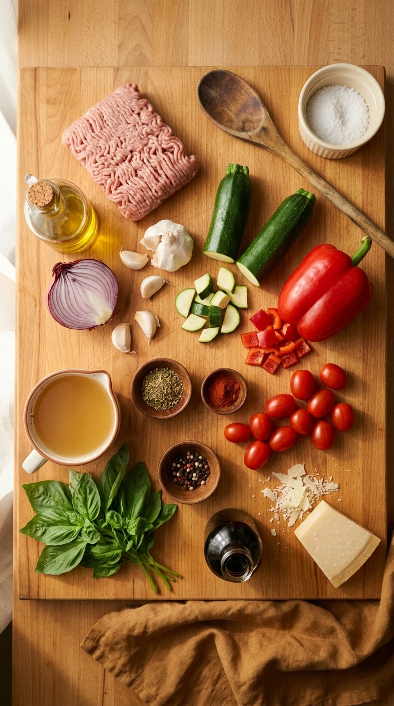 Ingredients for cozy 30 minute turkey skillet summer