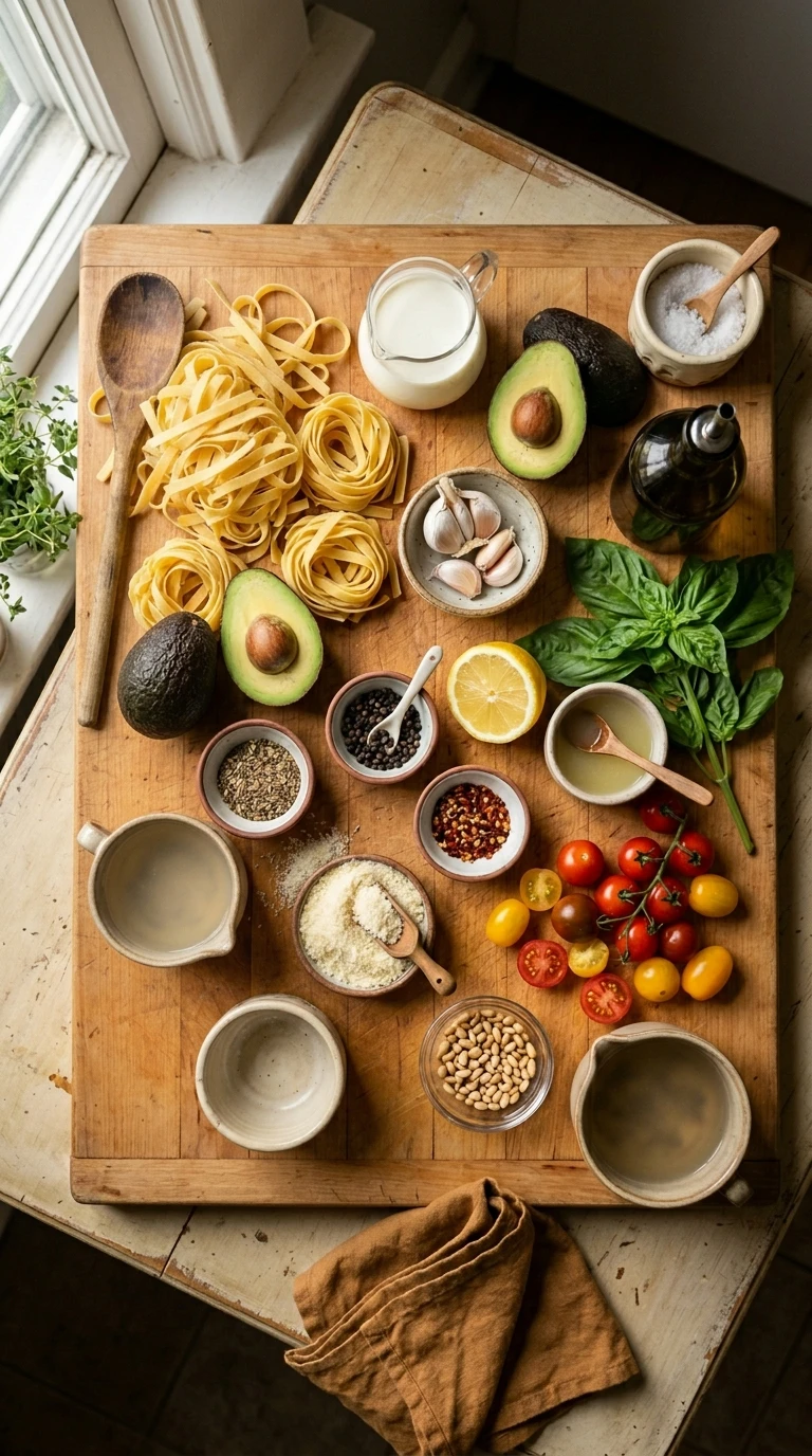 Ingredients for cozy creamy avocado pasta summer