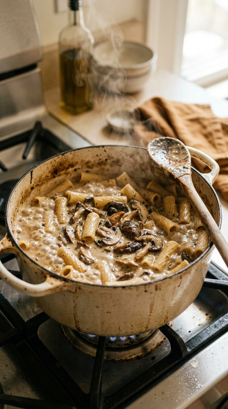 Cooking instructions for cozy creamy mushroom pasta summer