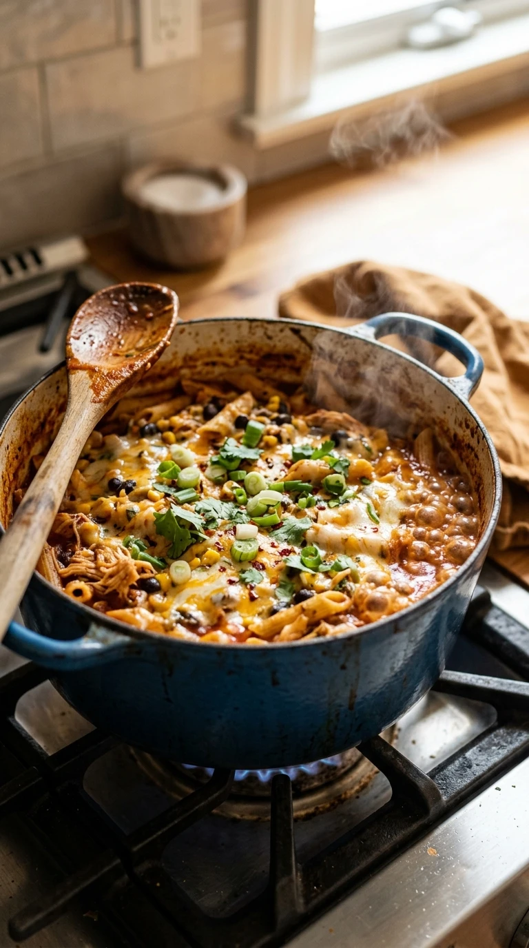 Cooking instructions for cozy summer chicken enchilada pasta