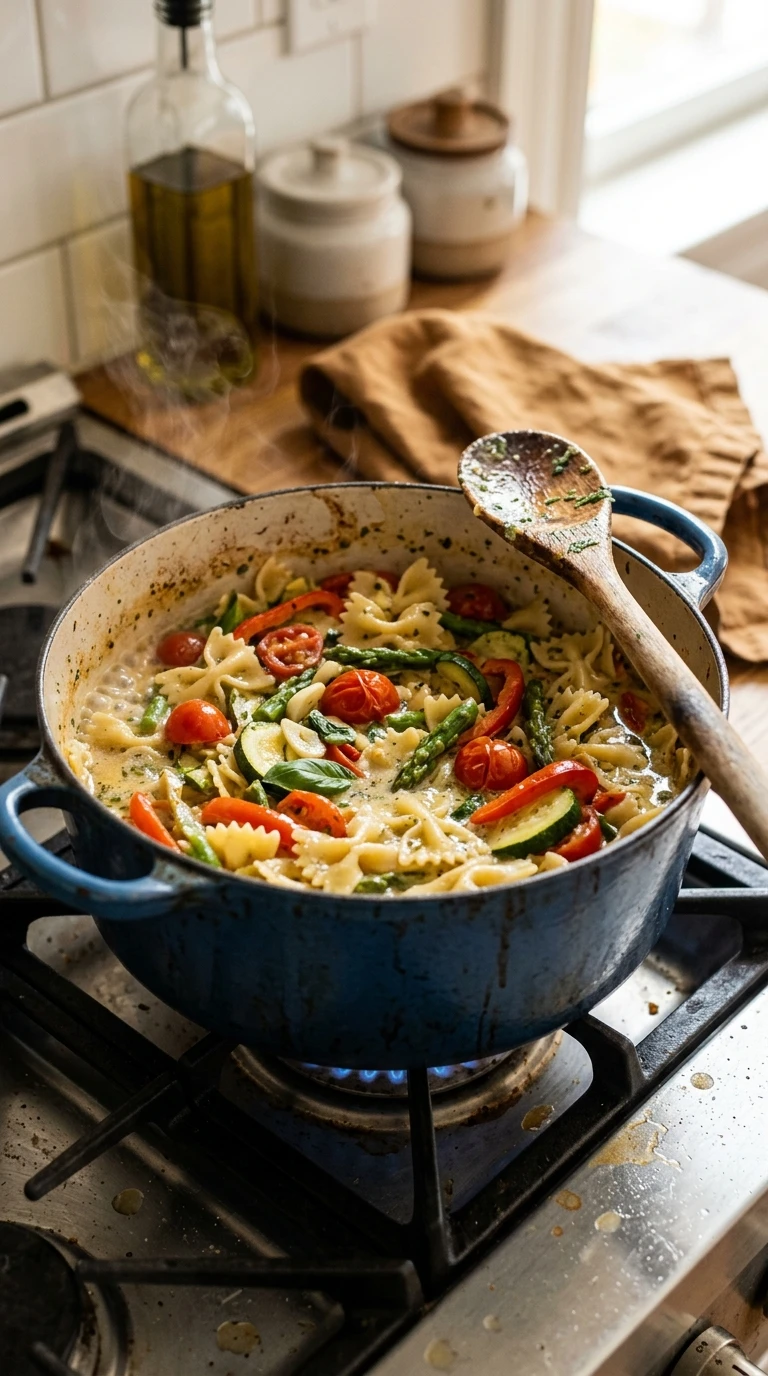 Cooking instructions for cozy summer pasta primavera