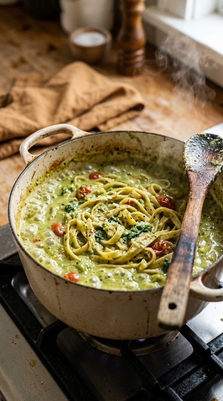 Cooking instructions for cozy creamy avocado pasta summer