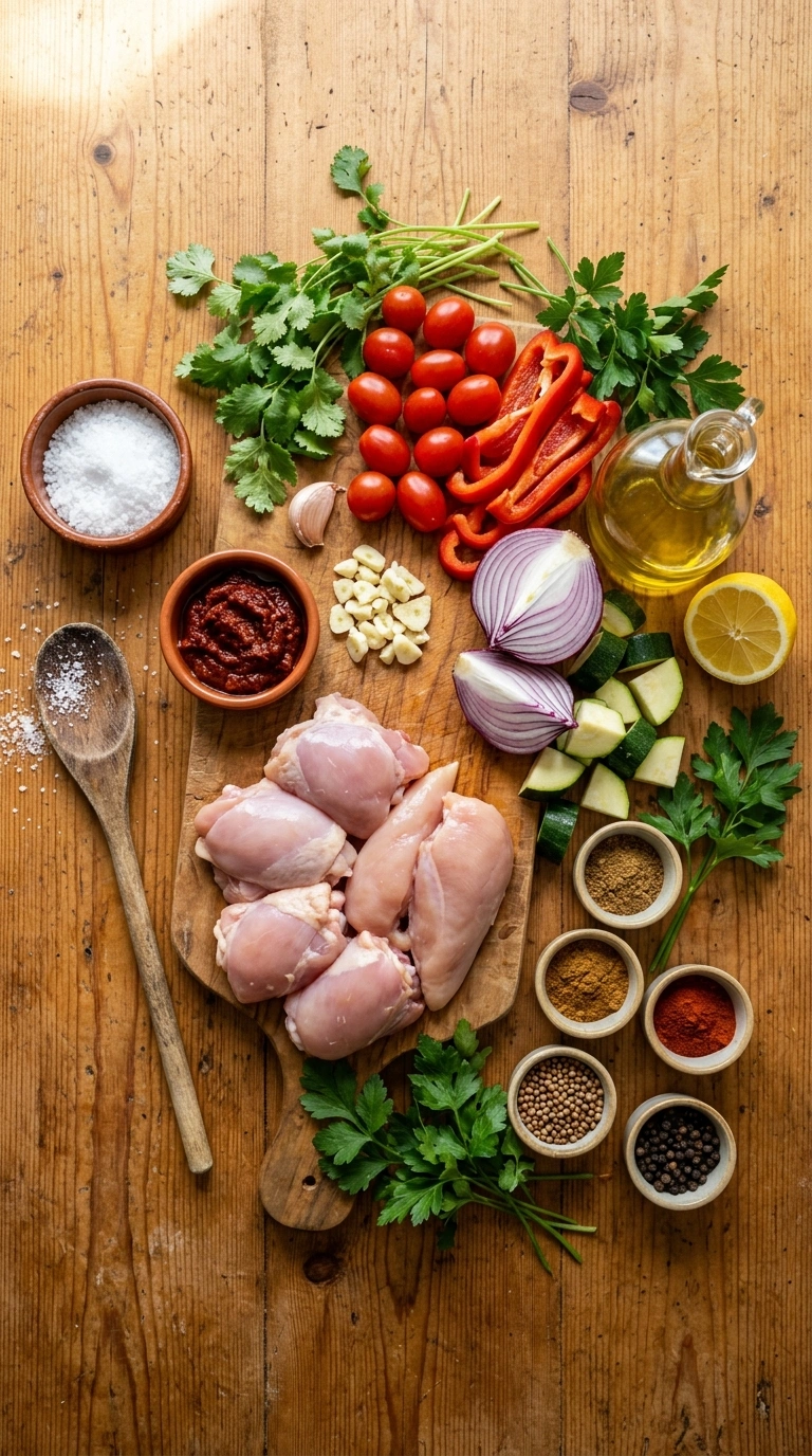 Ingredients for cozy sheet pan harissa chicken summer