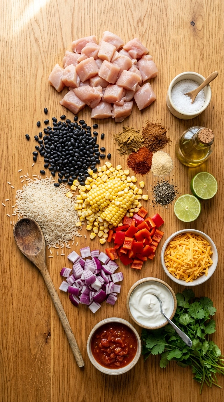 Ingredients for cozy summer burrito bowl dinner
