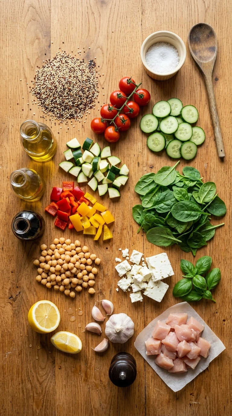 Ingredients for cozy summer grain bowl dinner