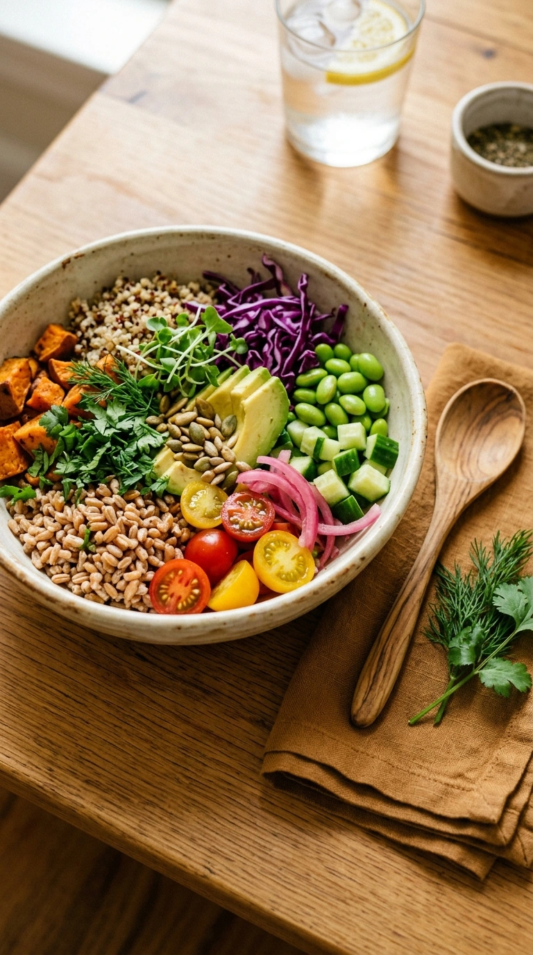 cozy summer grain bowl dinner ready to serve