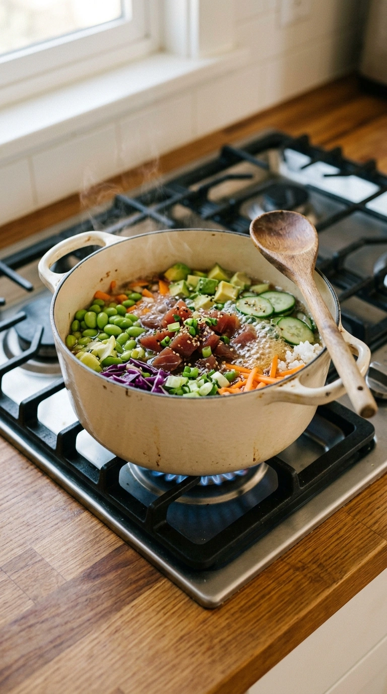 Cooking instructions for cozy summer poke bowl dinner