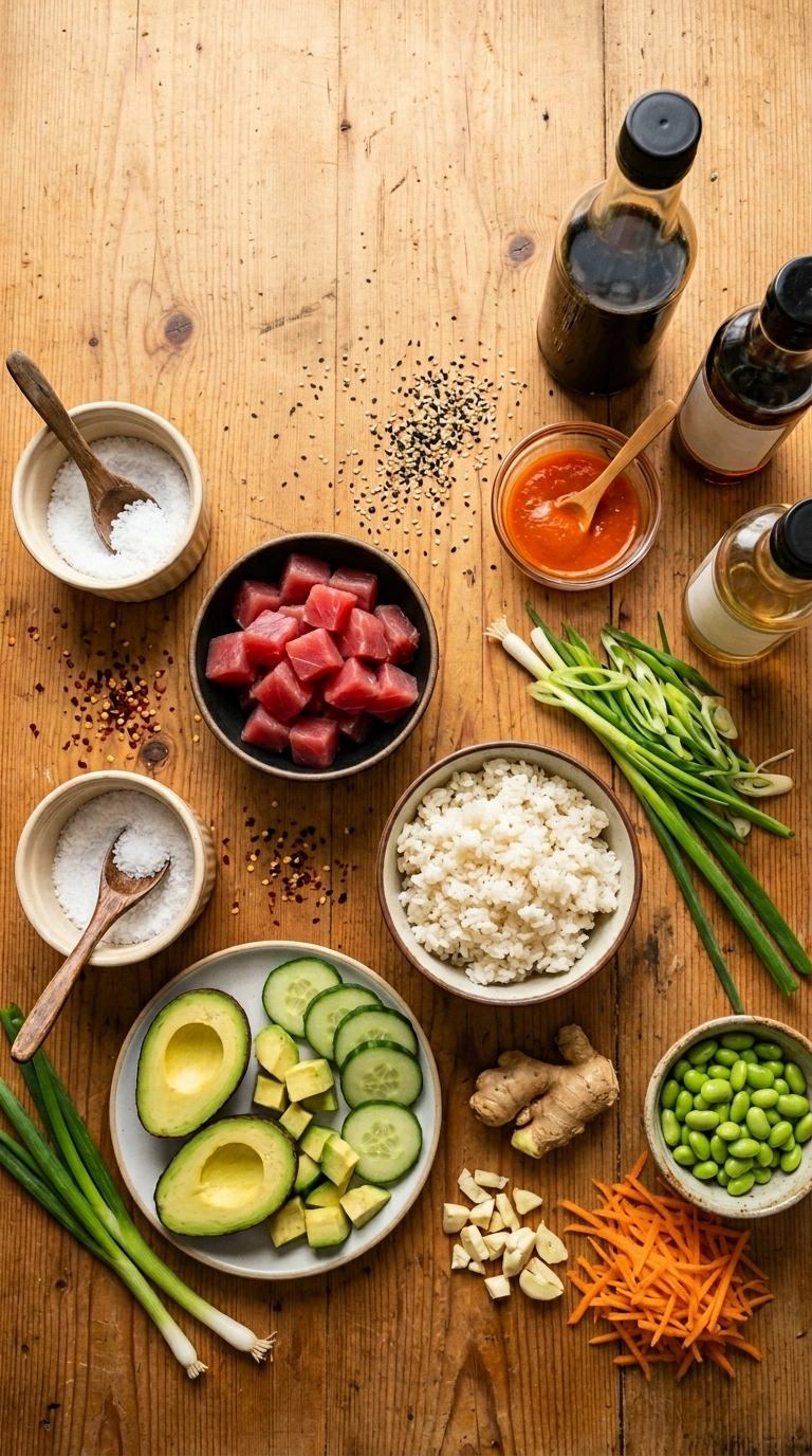 Ingredients for cozy summer poke bowl dinner
