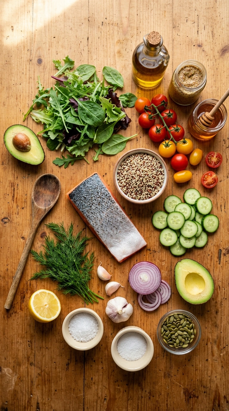 Ingredients for cozy summer salmon bowl dinner
