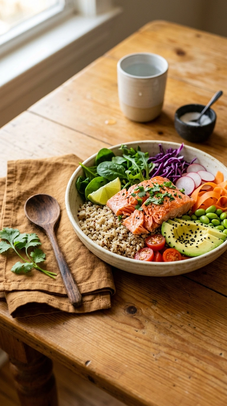 cozy summer salmon bowl dinner ready to serve