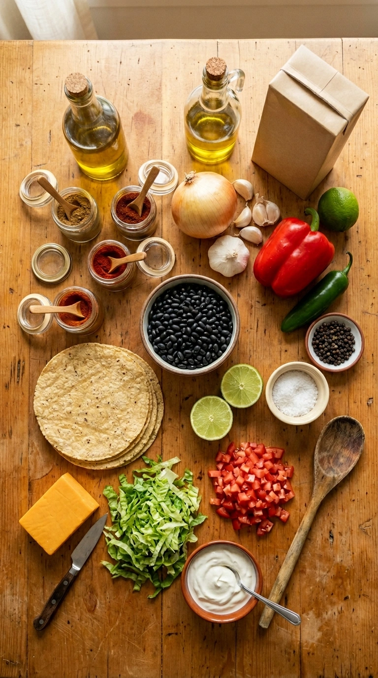 Ingredients for cozy summer black bean tacos