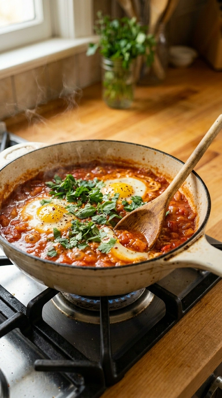 Cooking instructions for cozy summer shakshuka dinner
