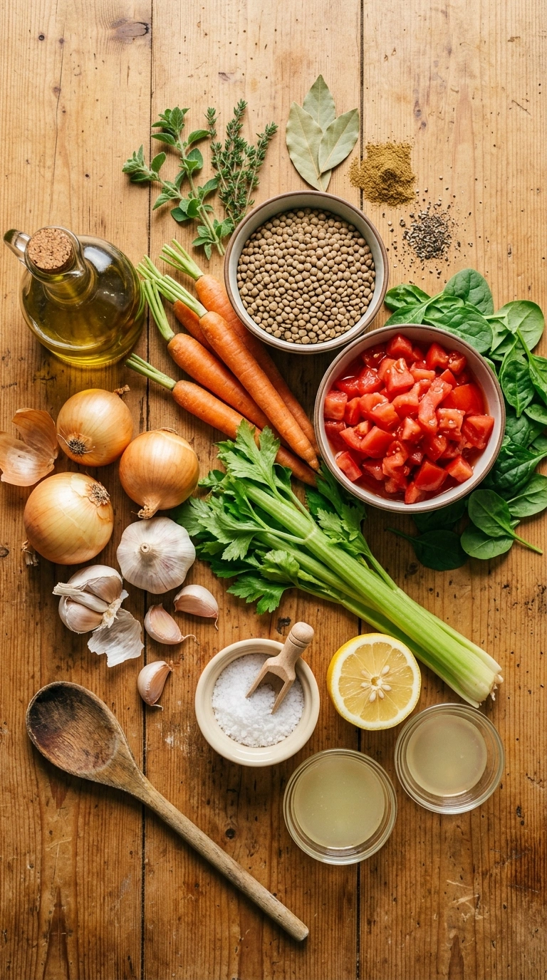 Ingredients for cozy summer lentil soup dinner