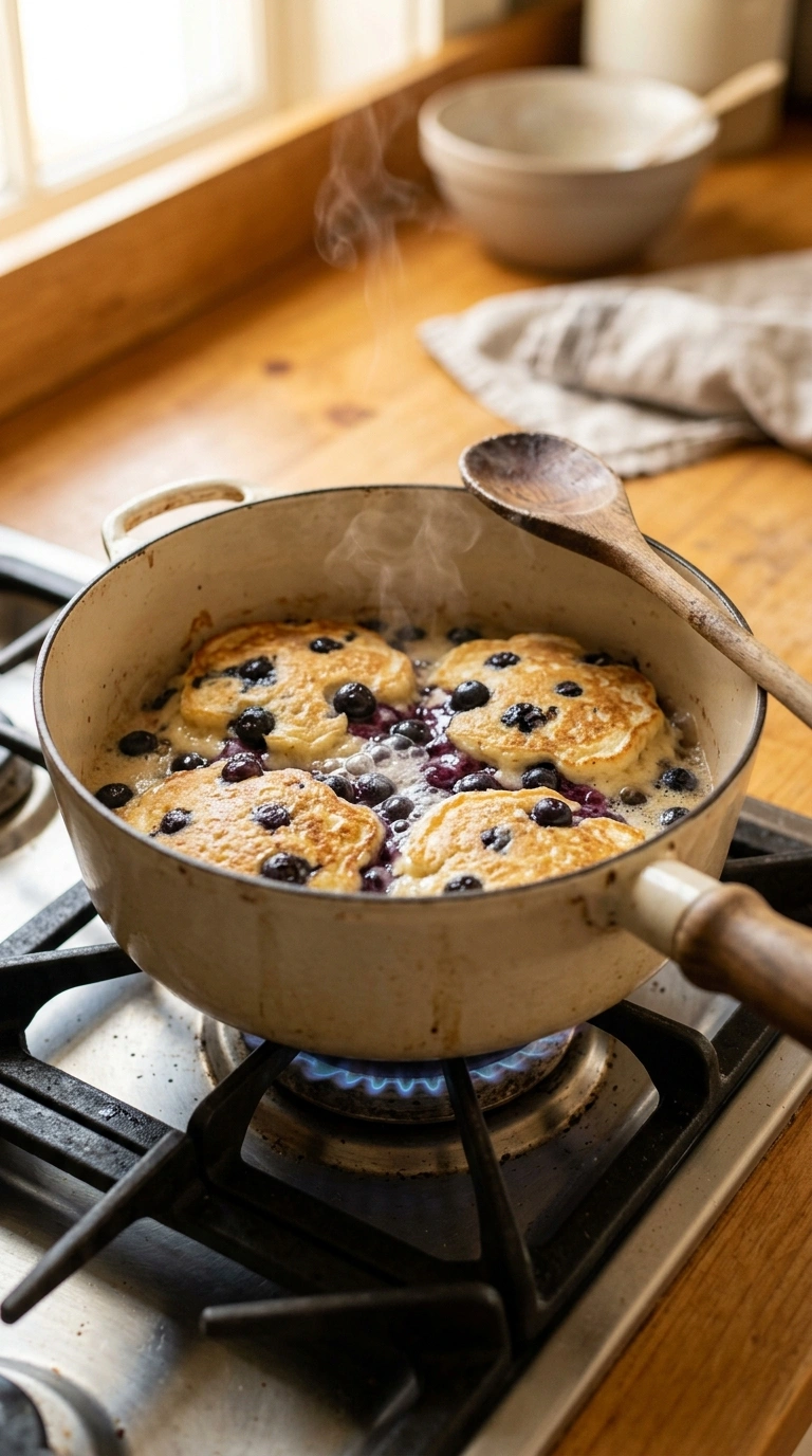 Cooking instructions for cozy summer blueberry pancakes