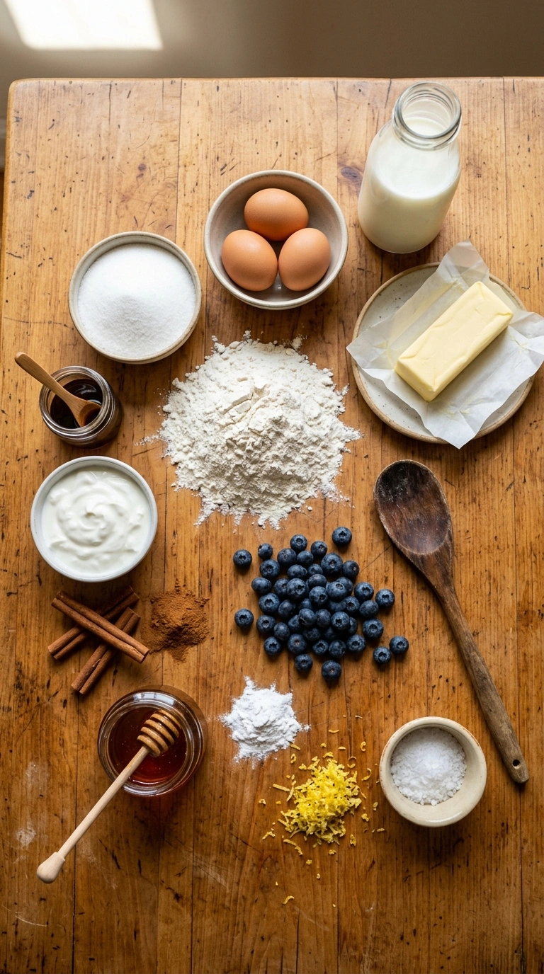 Ingredients for cozy summer blueberry pancakes