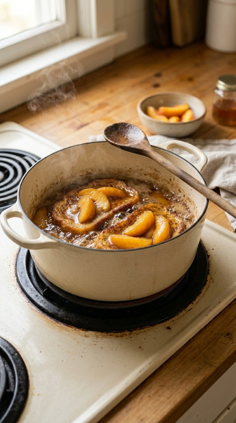 Cooking instructions for cozy summer peach french toast