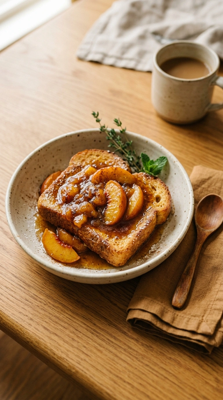 cozy summer peach french toast ready to serve