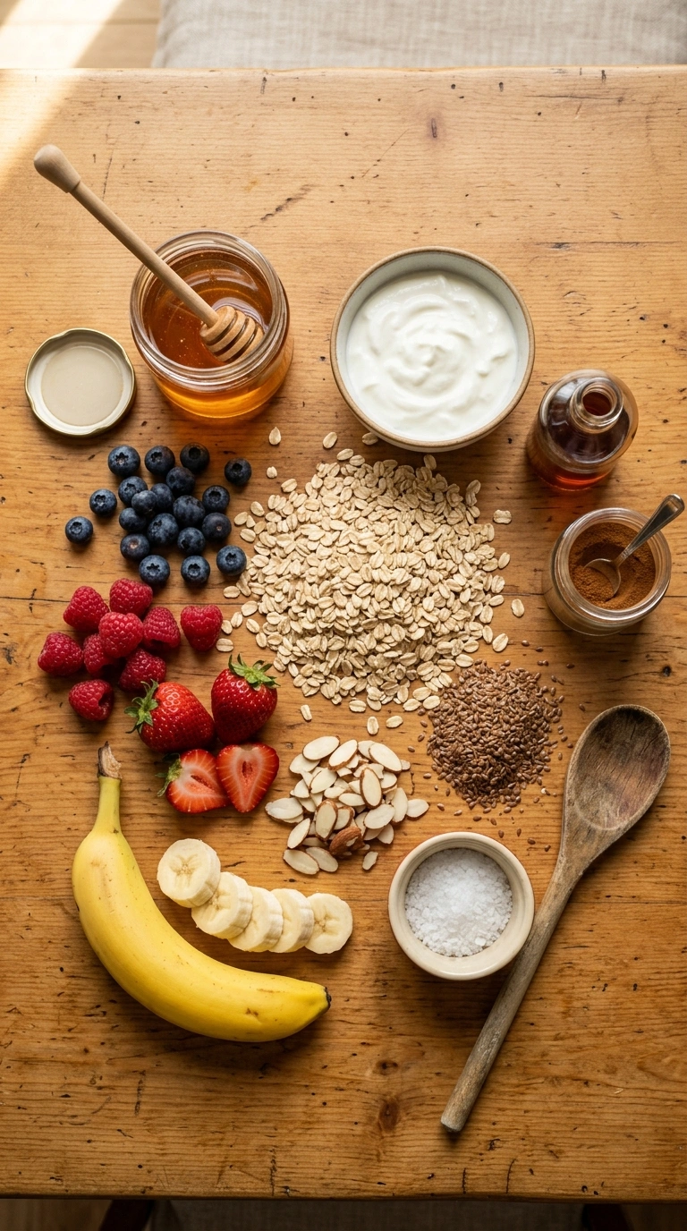 Ingredients for cozy summer berry overnight oats