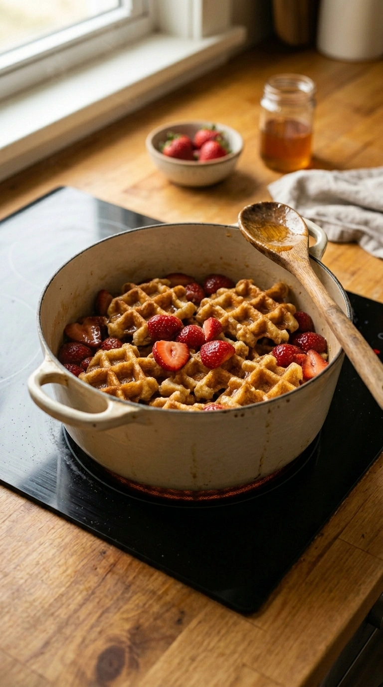 Cooking instructions for cozy summer strawberry waffles