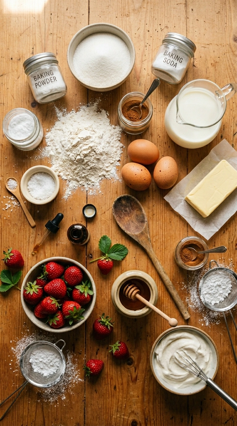 Ingredients for cozy summer strawberry waffles