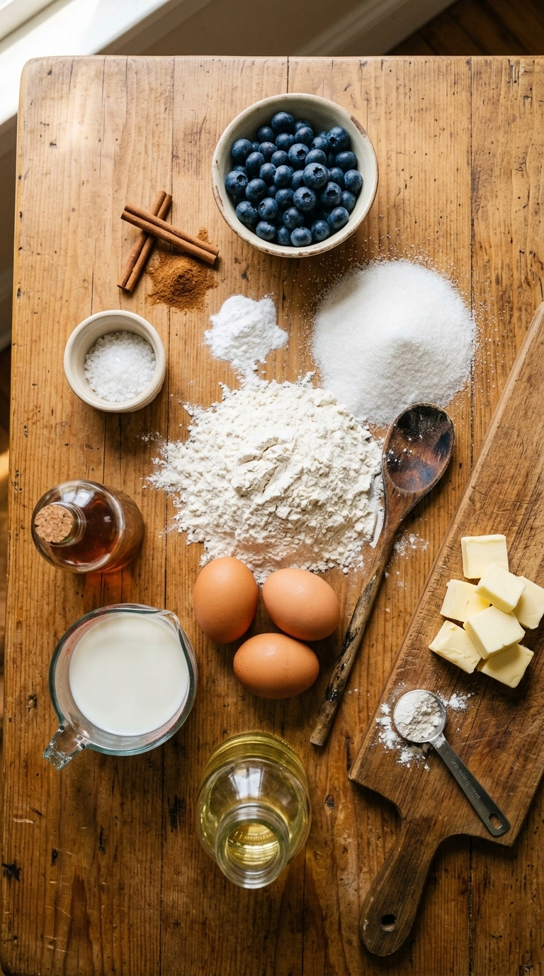 Ingredients for cozy blueberry coffee cake summer