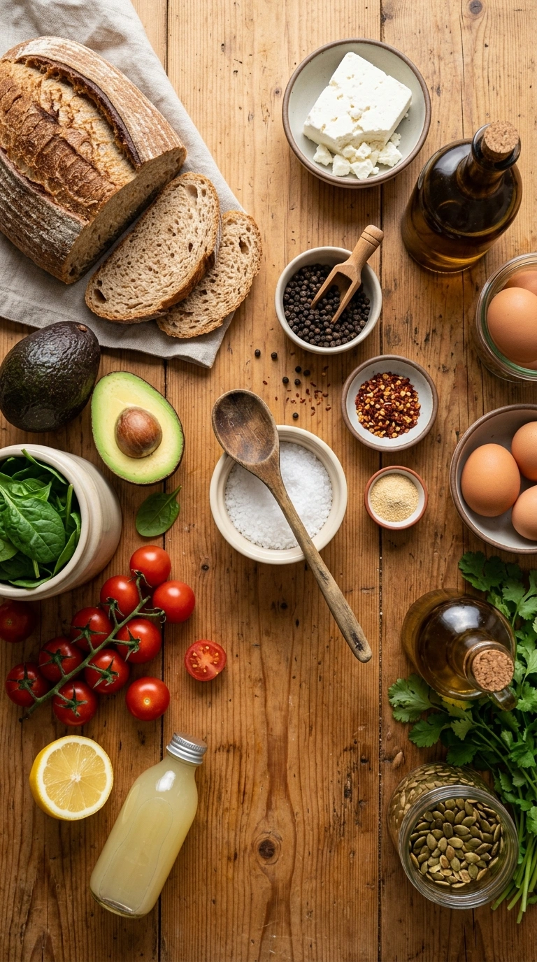 Ingredients for cozy summer avocado toast breakfast