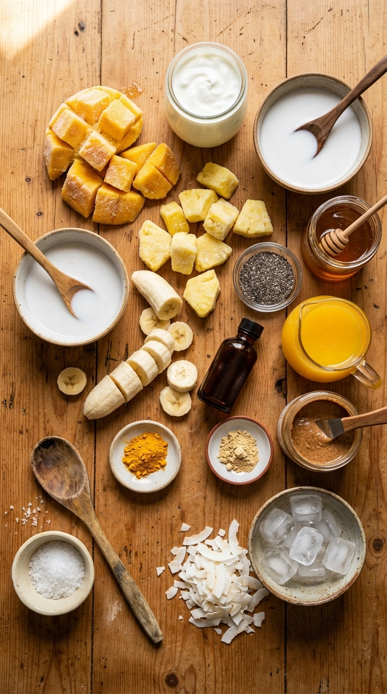 Ingredients for cozy summer tropical smoothie