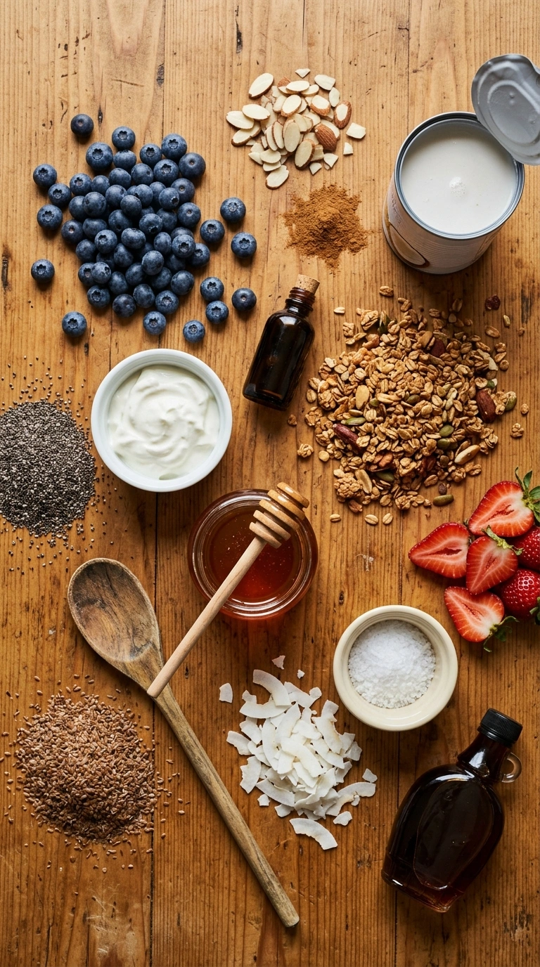 Ingredients for cozy summer chia pudding breakfast