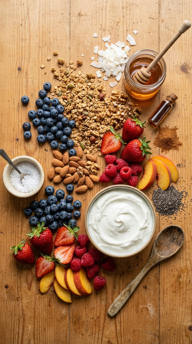 Ingredients for cozy summer yogurt parfait breakfast
