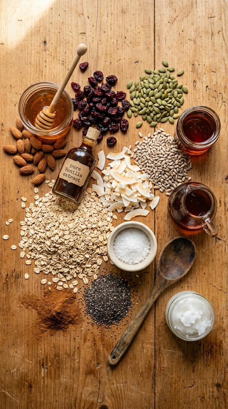 Ingredients for cozy summer granola bars breakfast