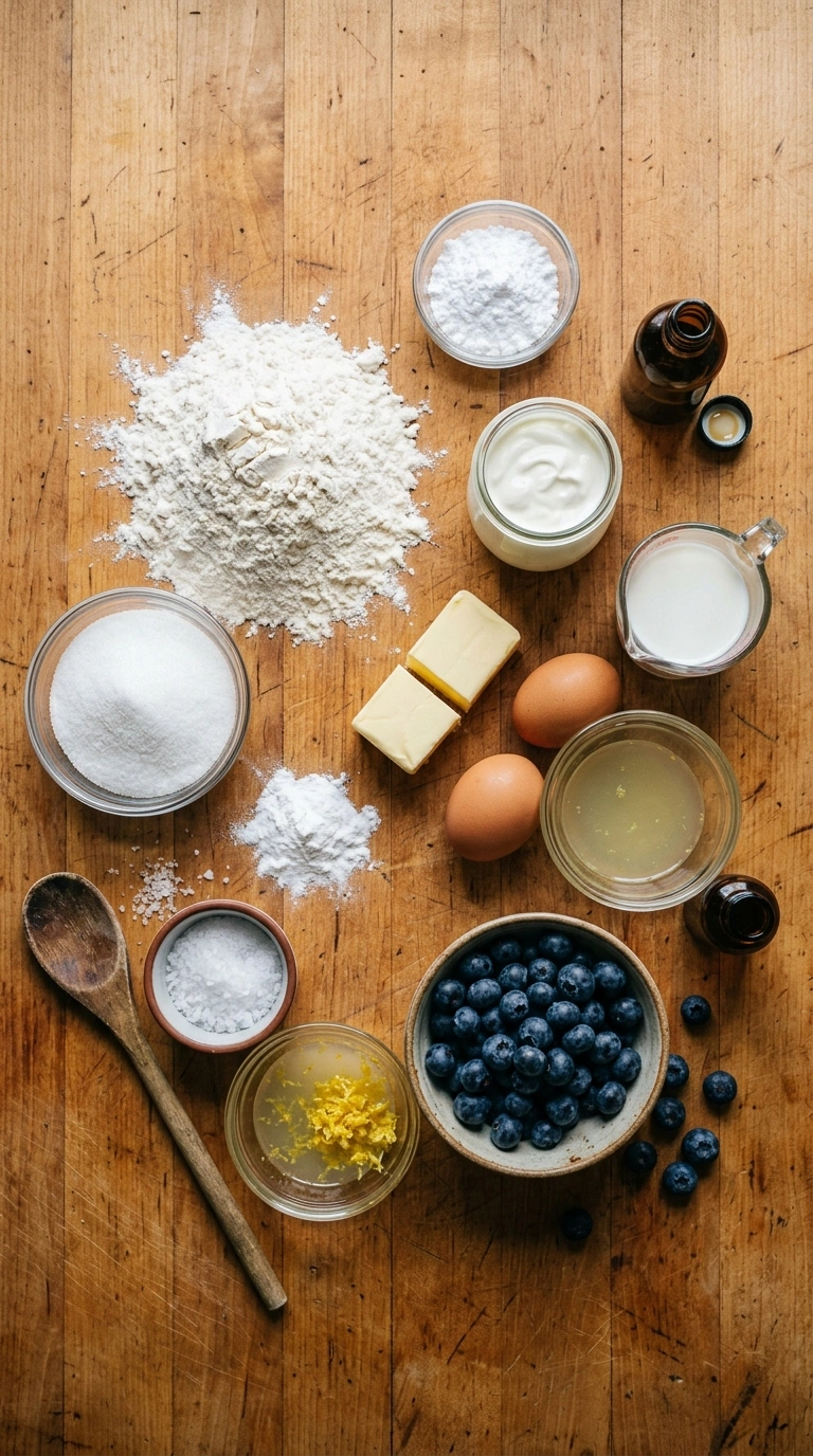 Ingredients for cozy summer lemon blueberry cake