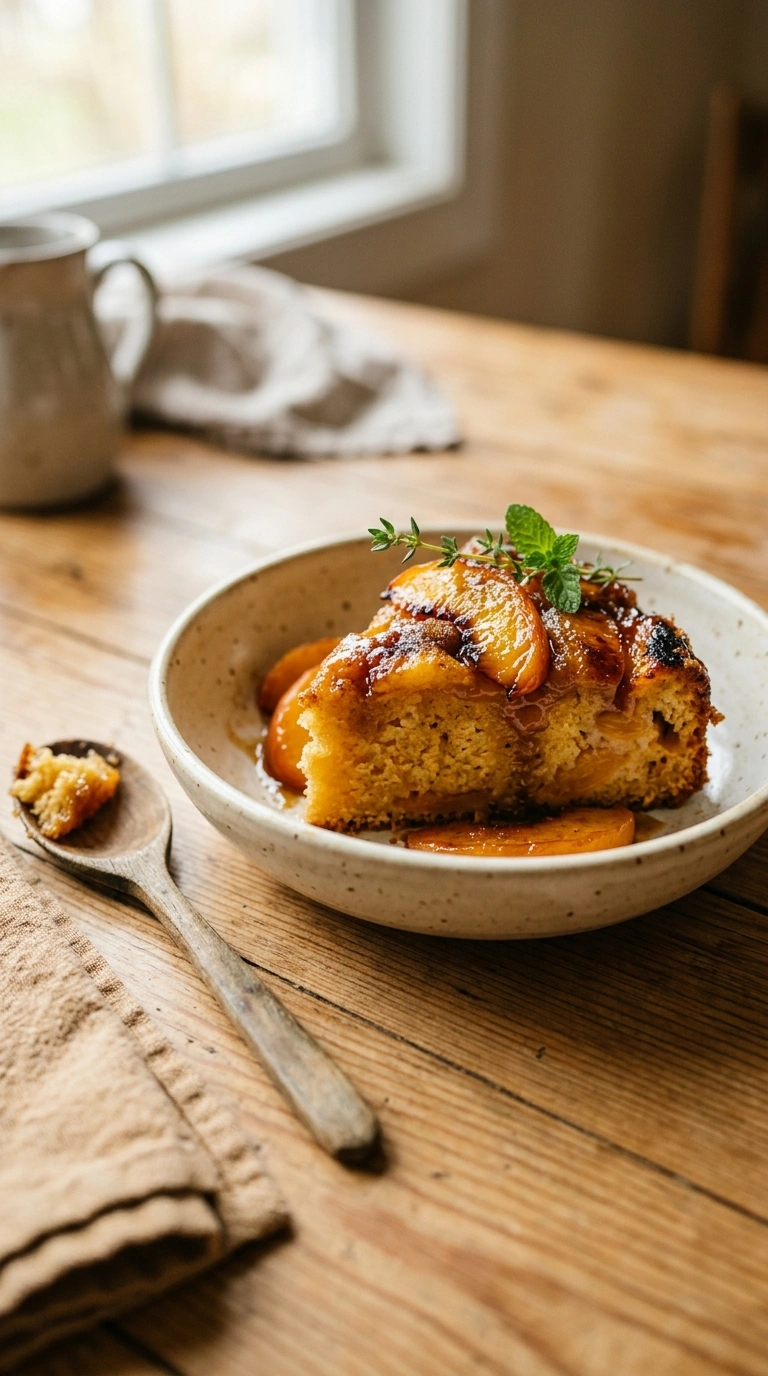 cozy summer peach upside down cake ready to serve