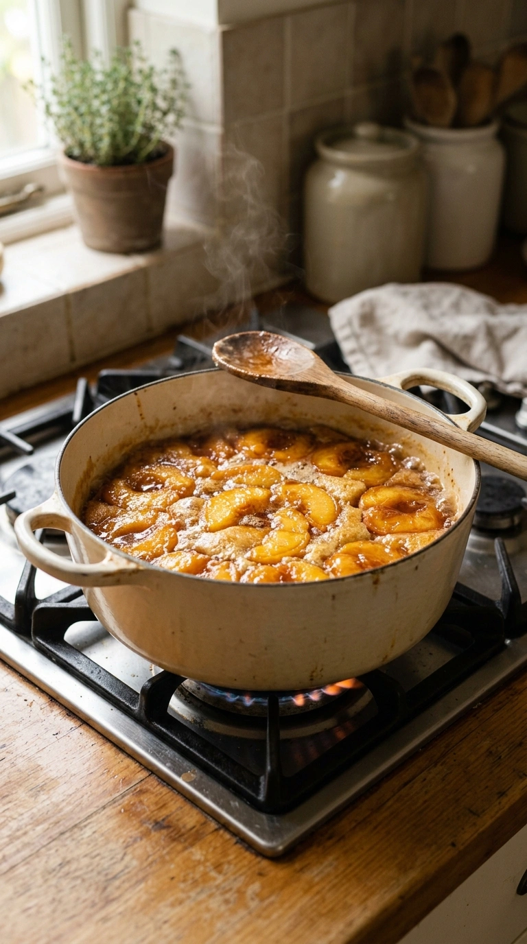 Cooking instructions for cozy summer peach upside down cake