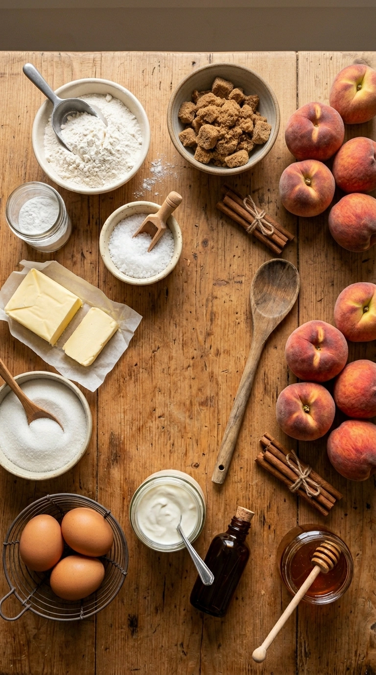 Ingredients for cozy summer peach upside down cake