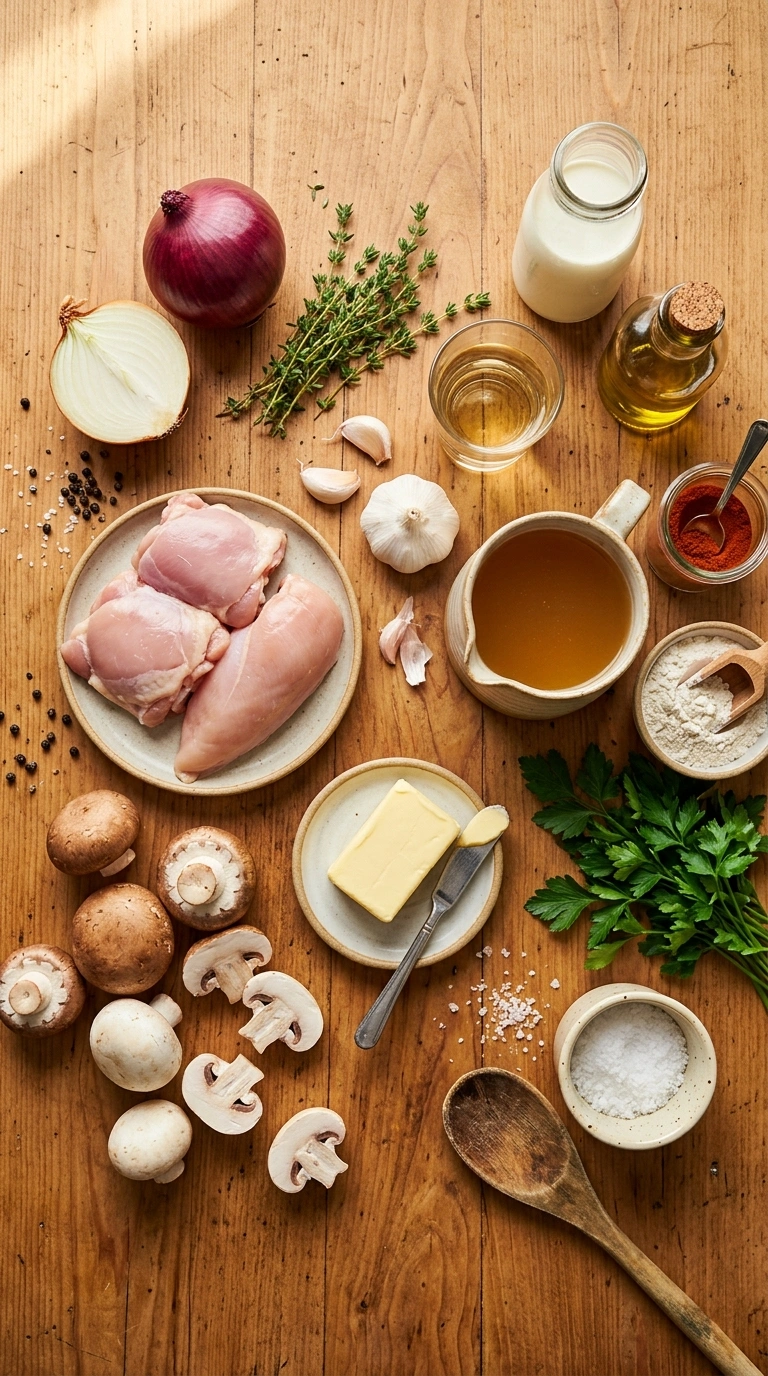 Ingredients for cozy creamy mushroom chicken