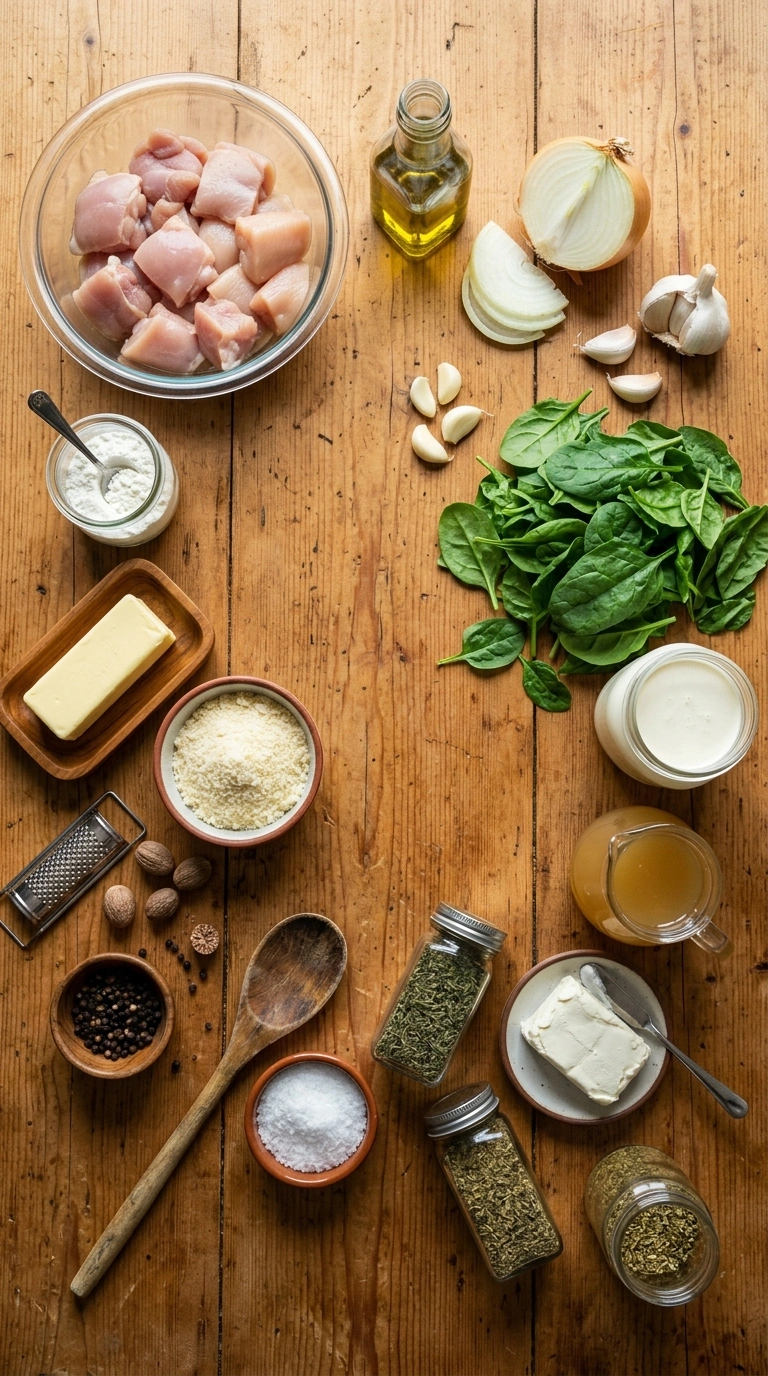 Ingredients for cozy creamy spinach chicken