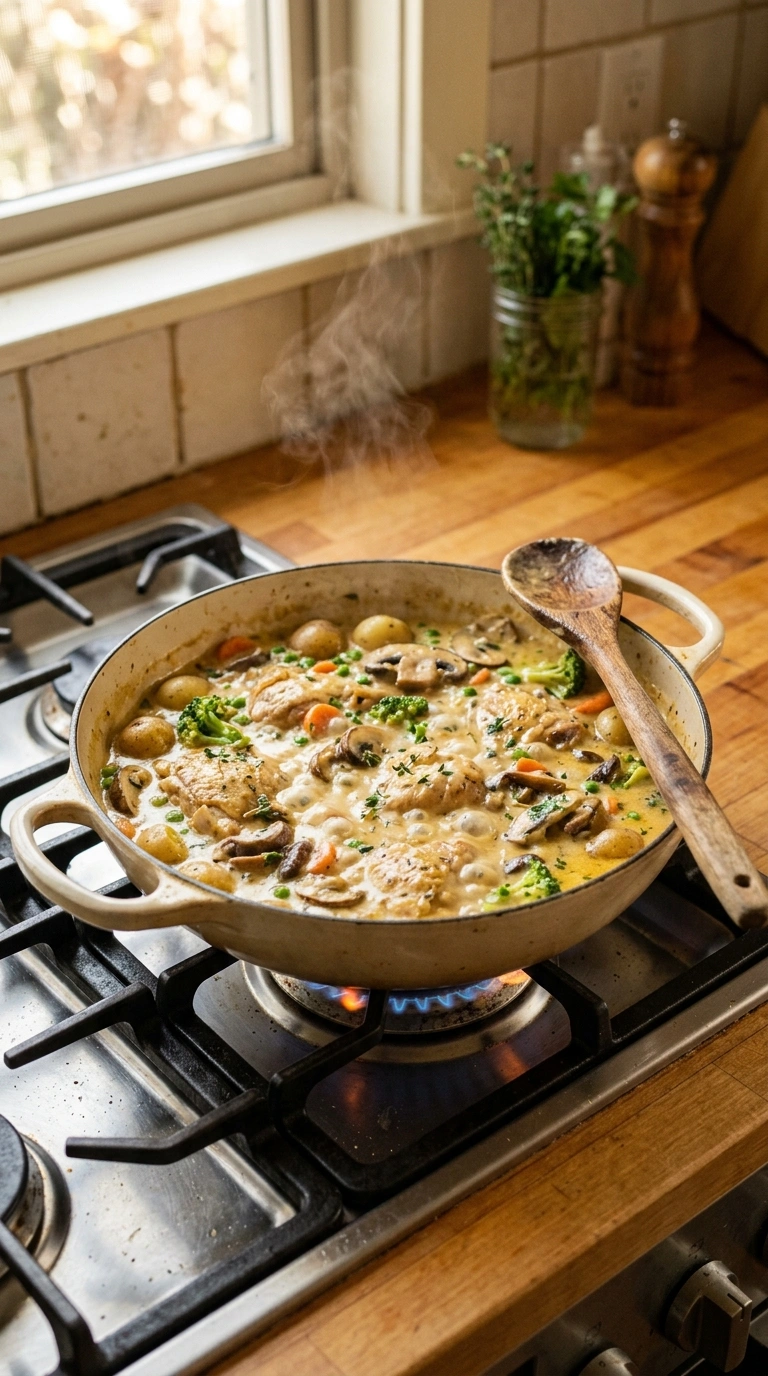 Cooking instructions for cozy chicken mushroom skillet