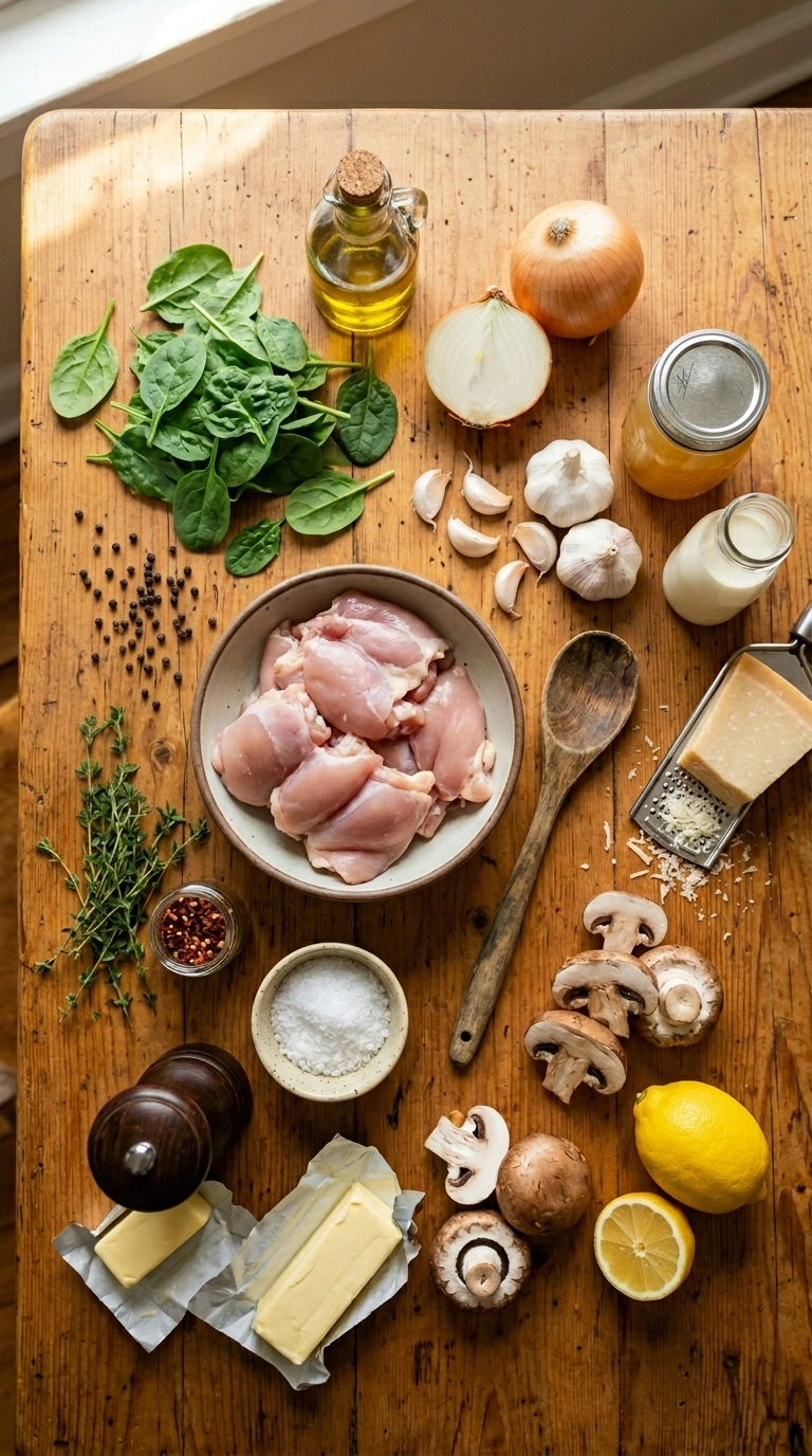 Ingredients for cozy chicken spinach skillet