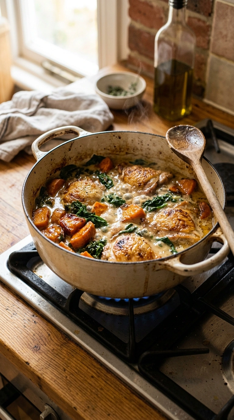 Cooking instructions for cozy chicken sweet potato skillet