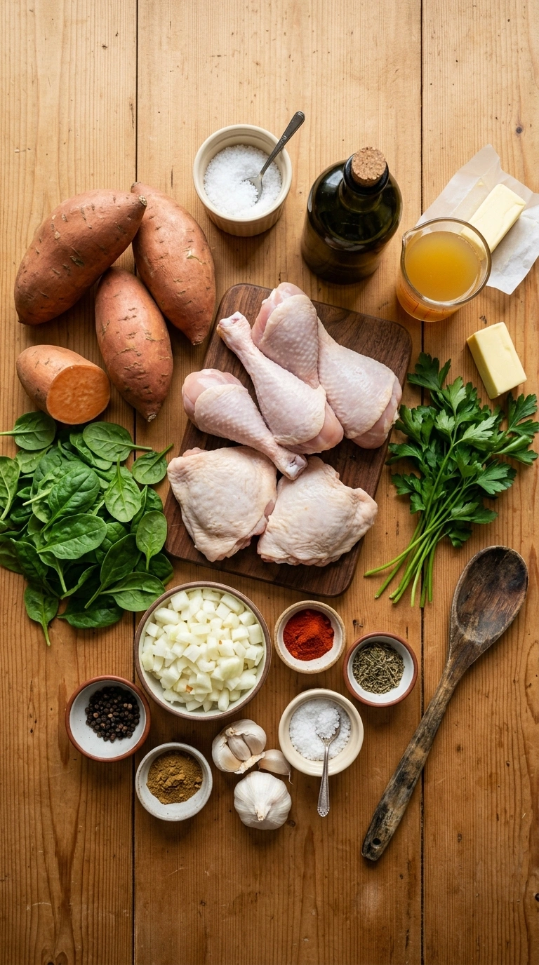 Ingredients for cozy chicken sweet potato skillet