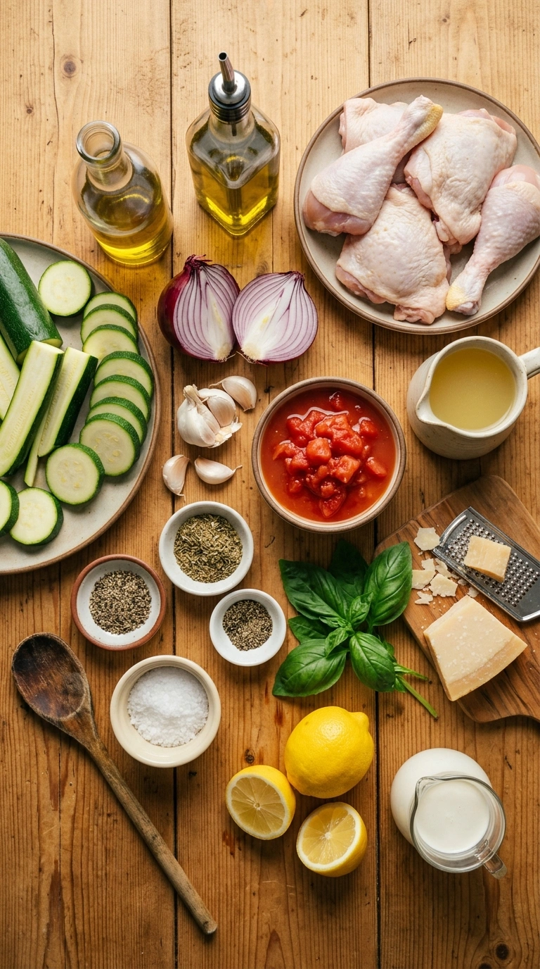 Ingredients for cozy chicken zucchini skillet