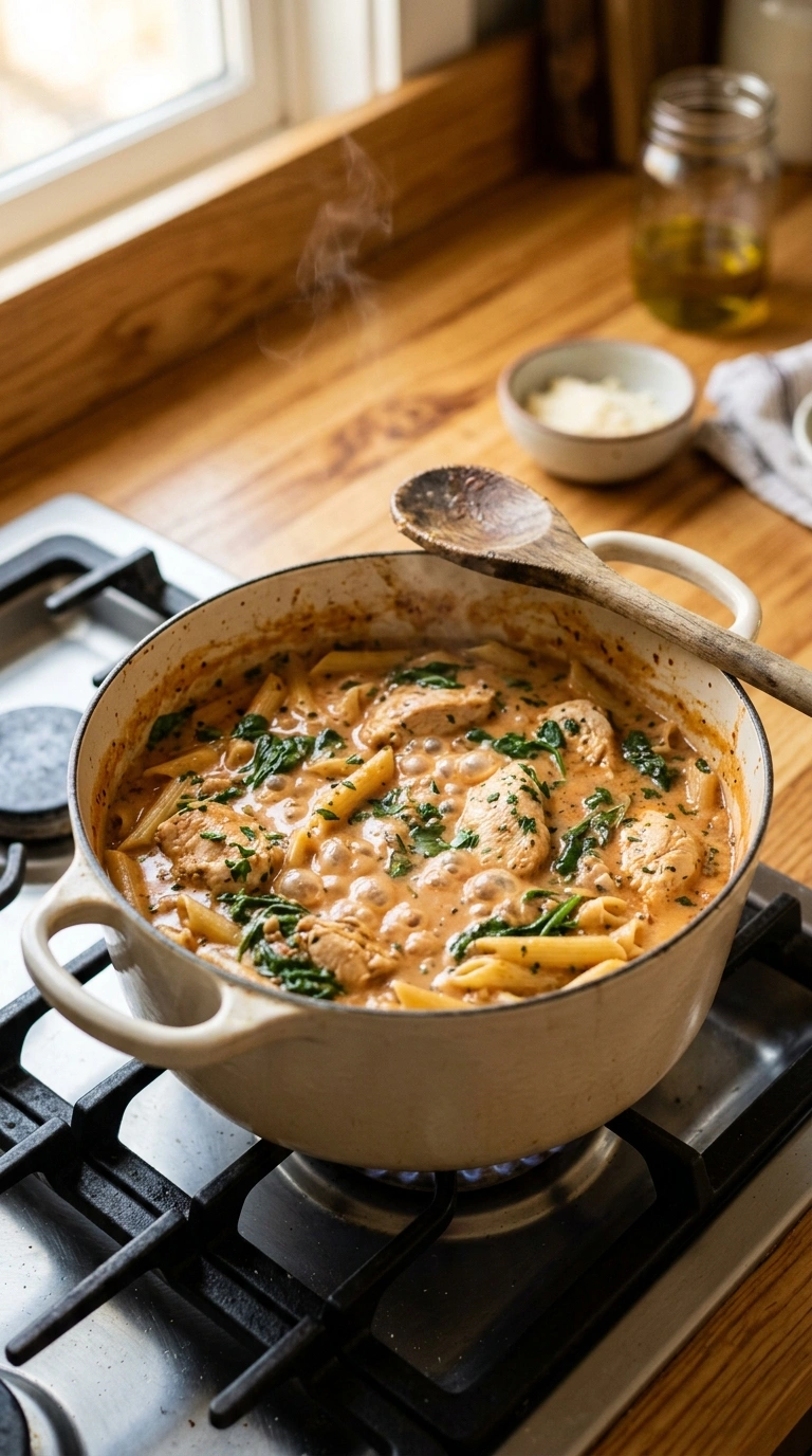Cooking instructions for cozy one pot chicken pasta