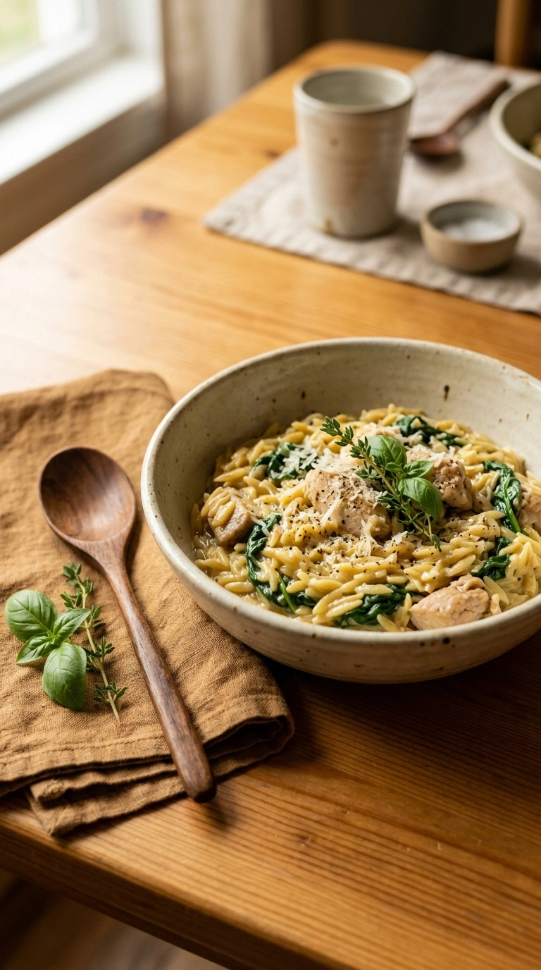 cozy one pot chicken orzo ready to serve