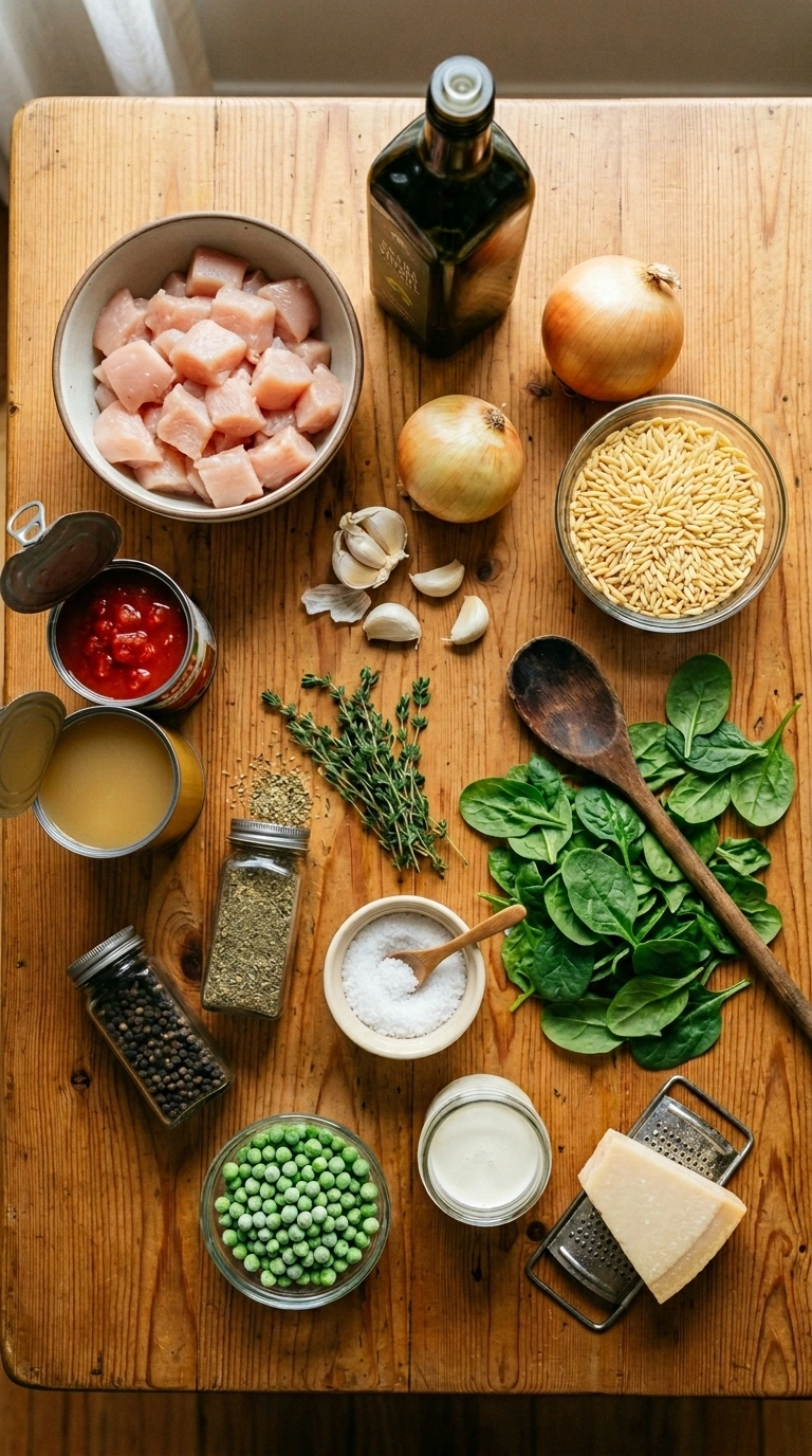 Ingredients for cozy one pot chicken orzo