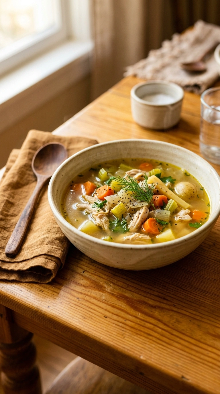 cozy one pot chicken soup dinner ready to serve