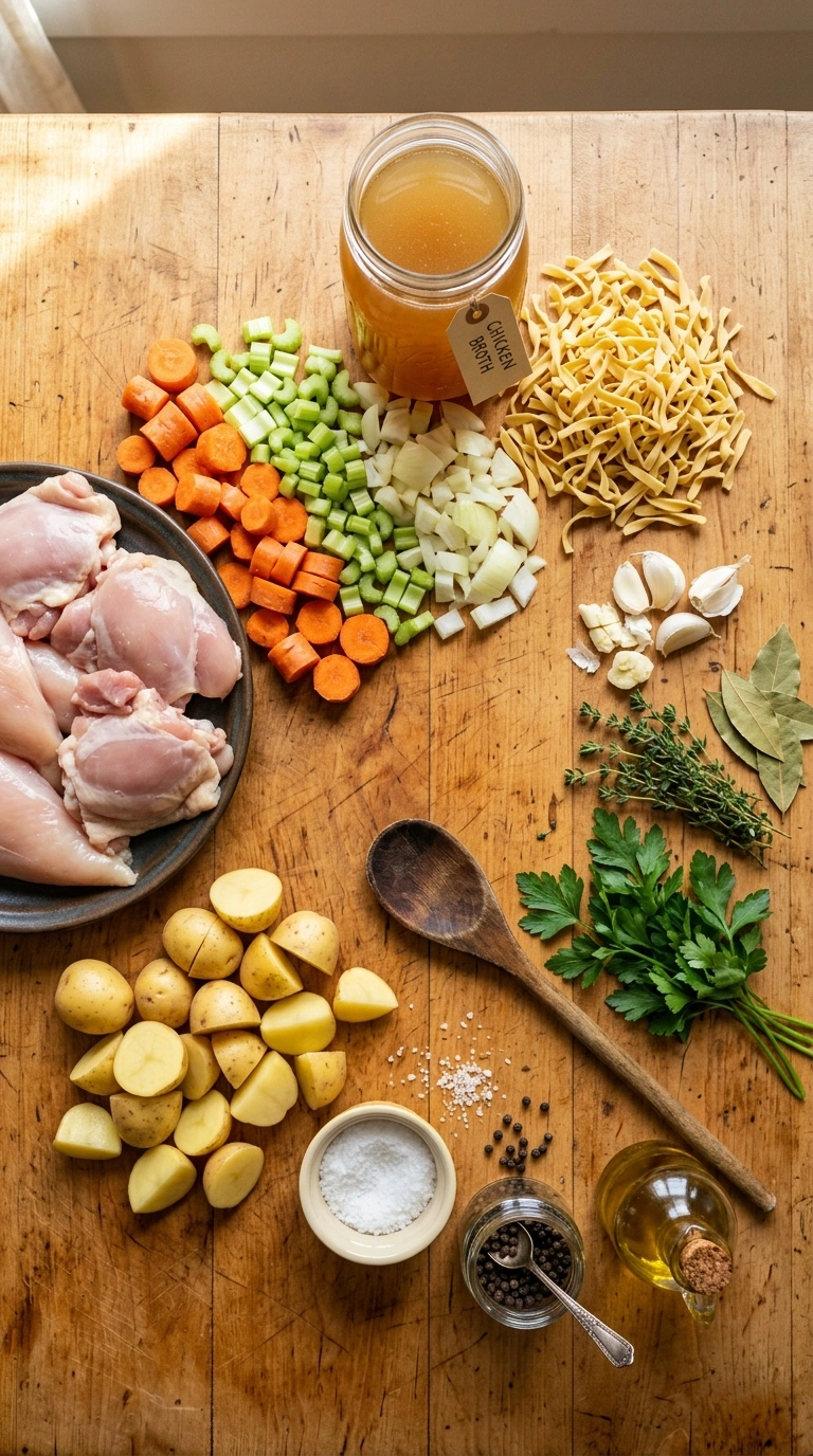 Ingredients for cozy one pot chicken soup dinner