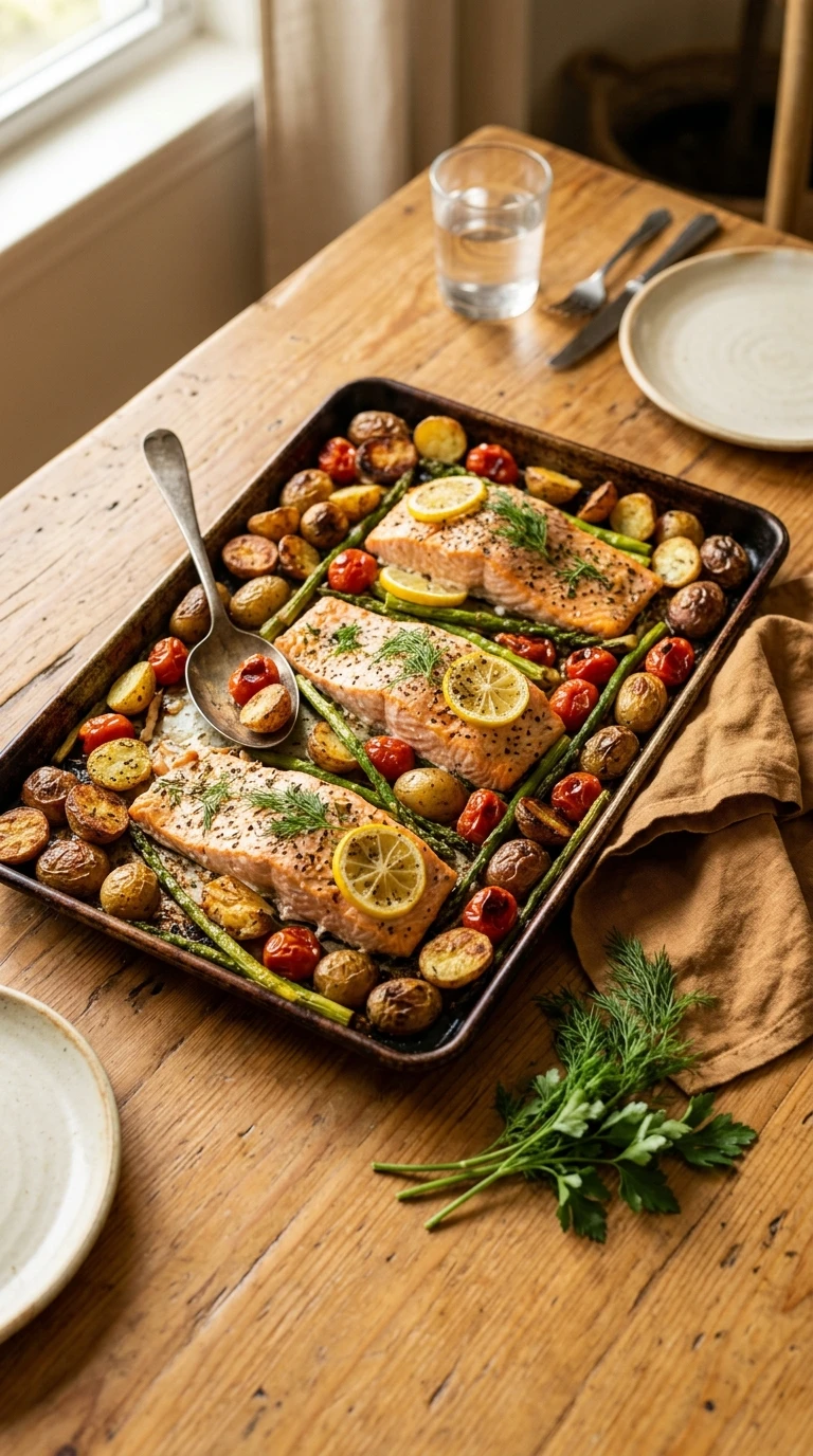 cozy sheet pan salmon summer dinner ready to serve