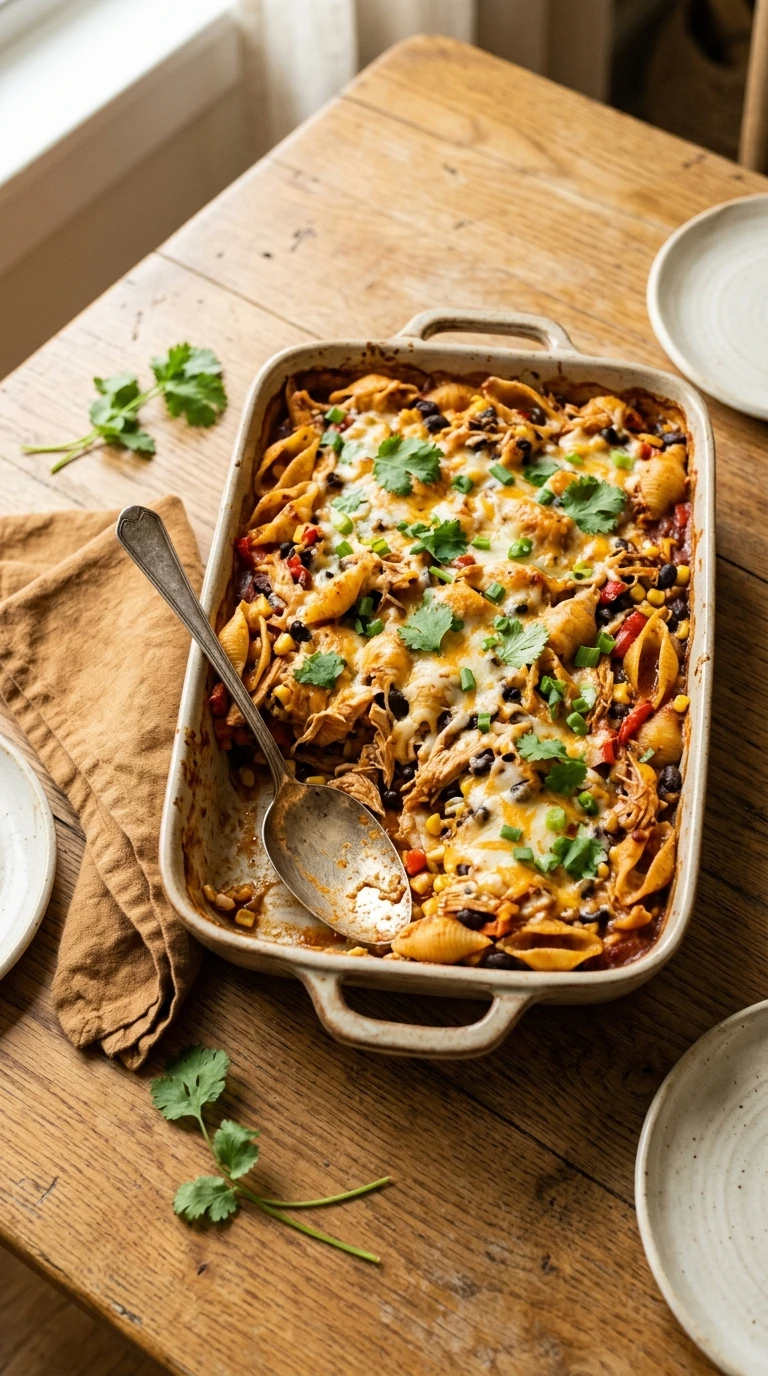 cozy summer chicken enchilada pasta ready to serve